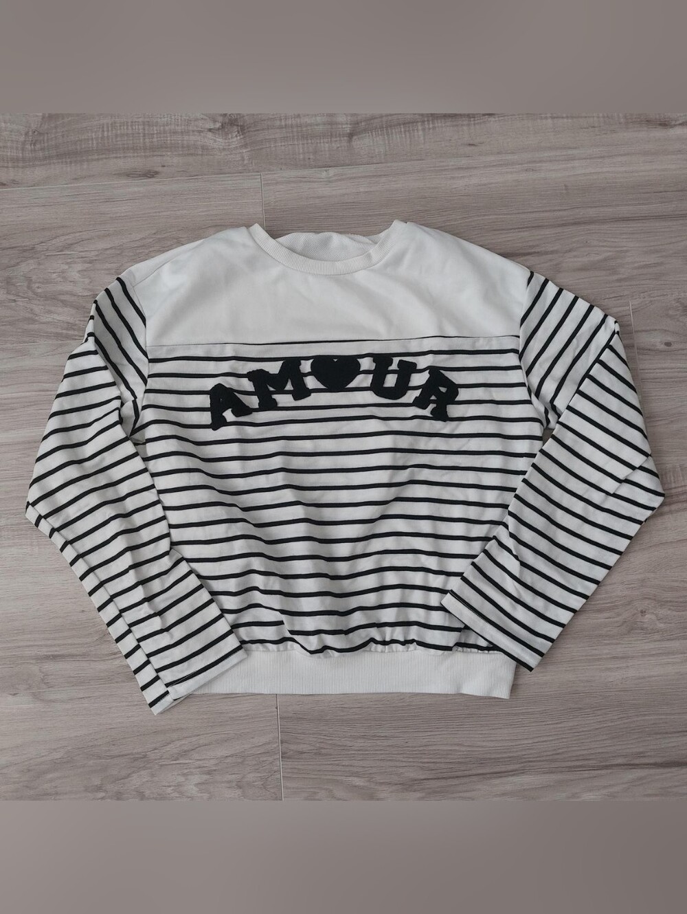 White & Black Striped 'AMOUR' Crewneck Sweatshirt